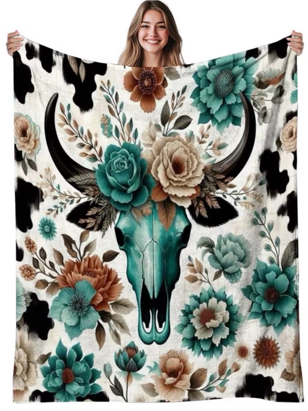 Teal Floral Bull Skull - Decorative Home throw brand new